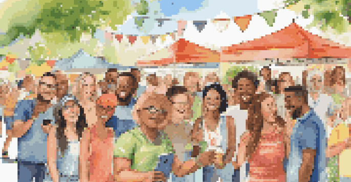 A diverse group of happy customers enjoying a brand's product at a sunny outdoor event, surrounded by greenery and colorful decorations.