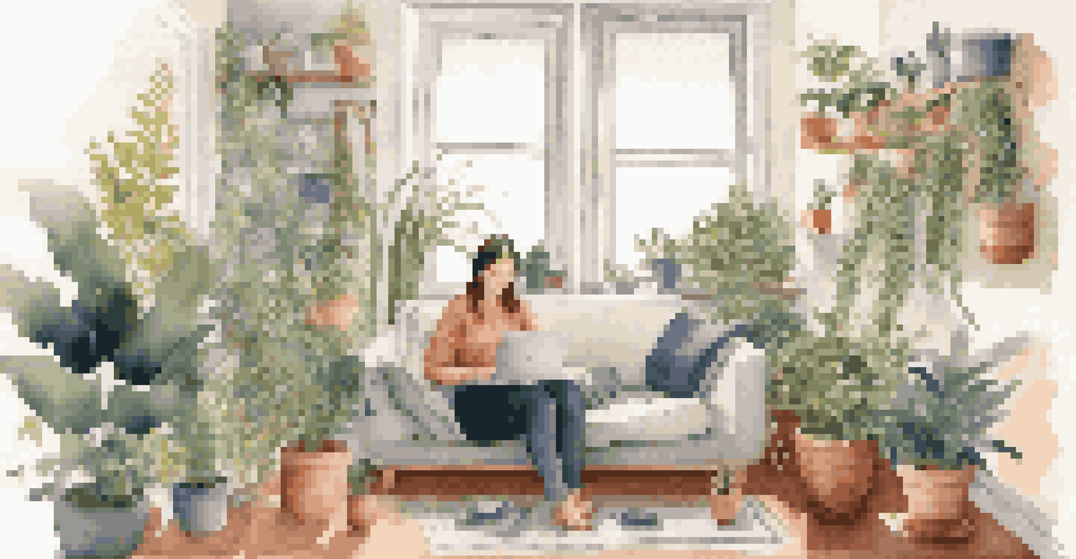 A woman working from home on a couch with a laptop, surrounded by plants, illustrating a flexible work-life balance.