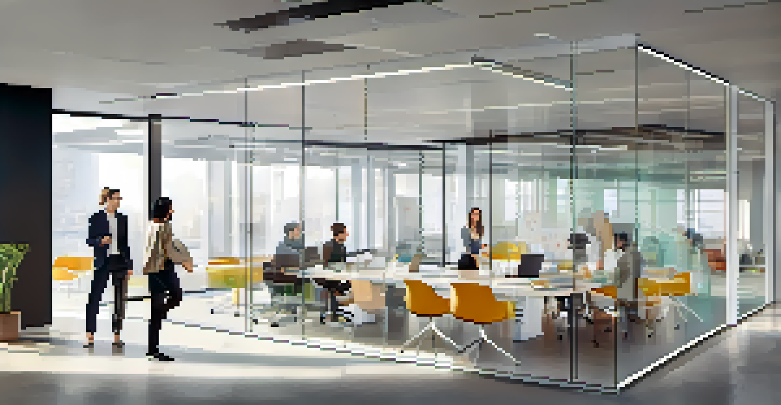 A modern office with glass walls where team members are engaged in a candid discussion, illustrating transparency in trust-building.