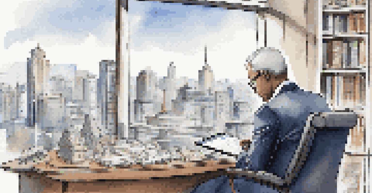 A business leader reviewing AI ethics guidelines on a tablet in a modern office with a city skyline view.