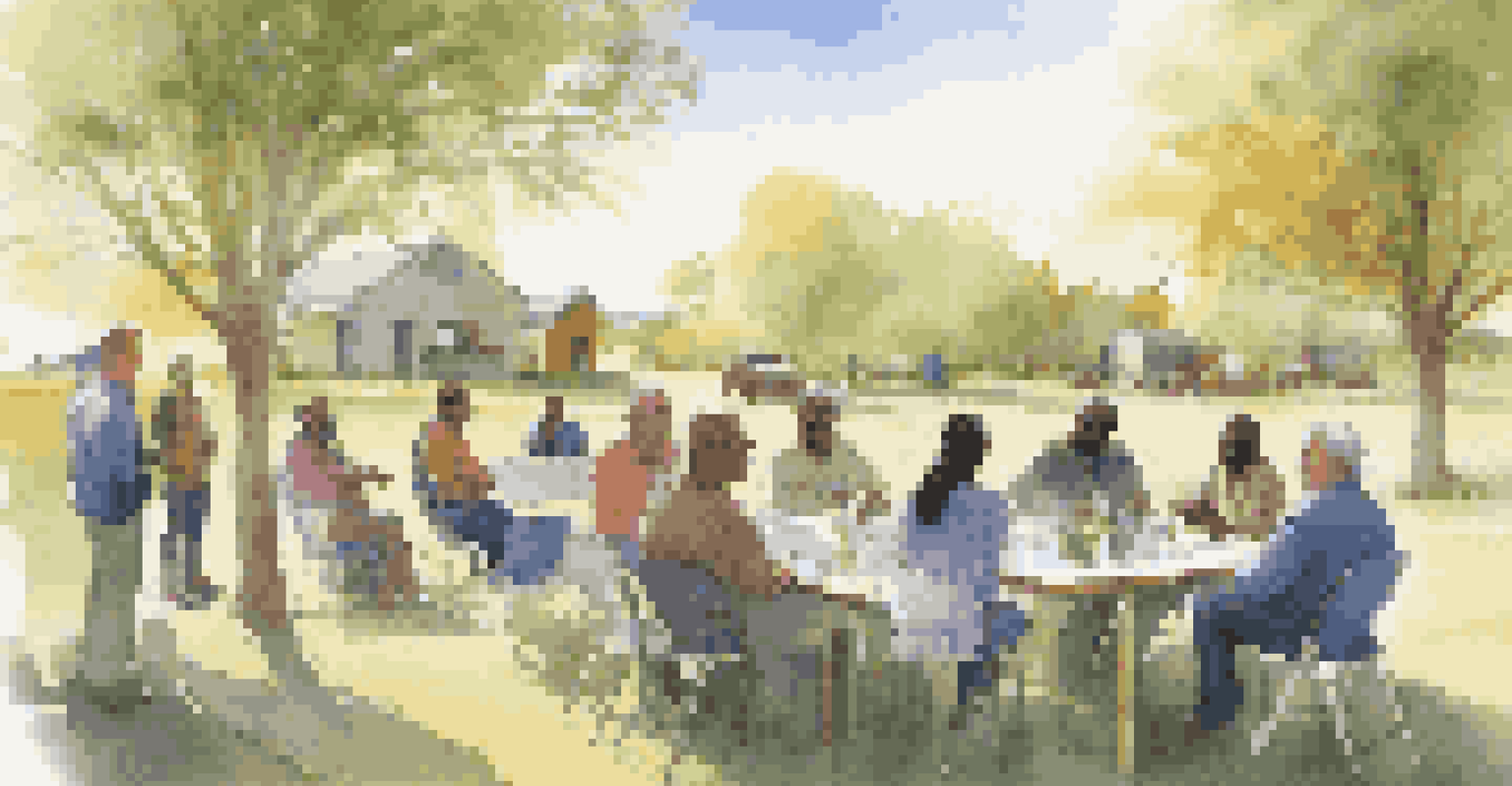 A community meeting with people discussing renewable energy solutions, surrounded by charts and diagrams.