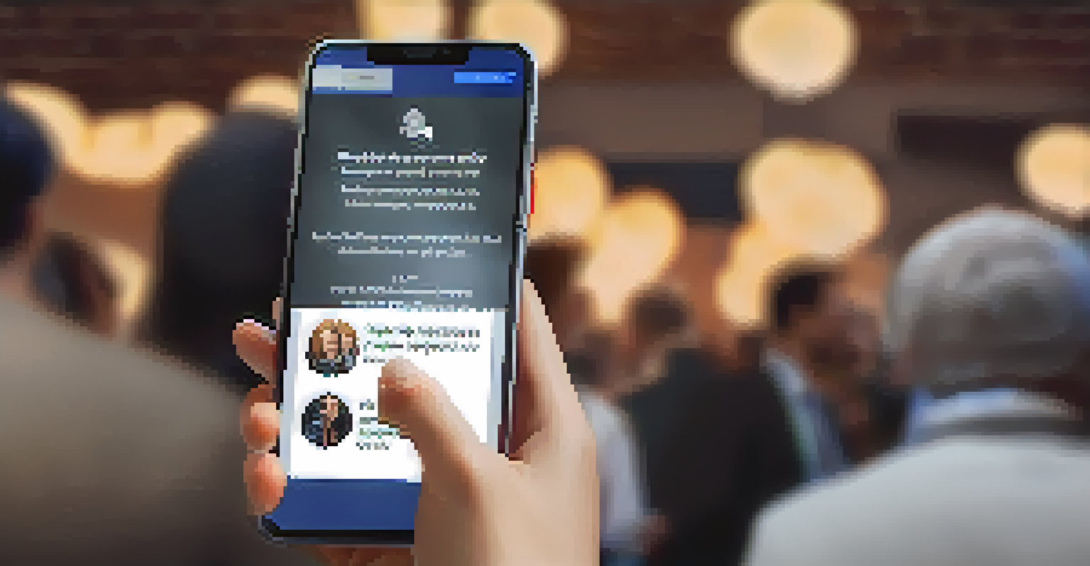 A close-up of a hand holding a smartphone showing a follow-up message, with a blurred networking event in the background.