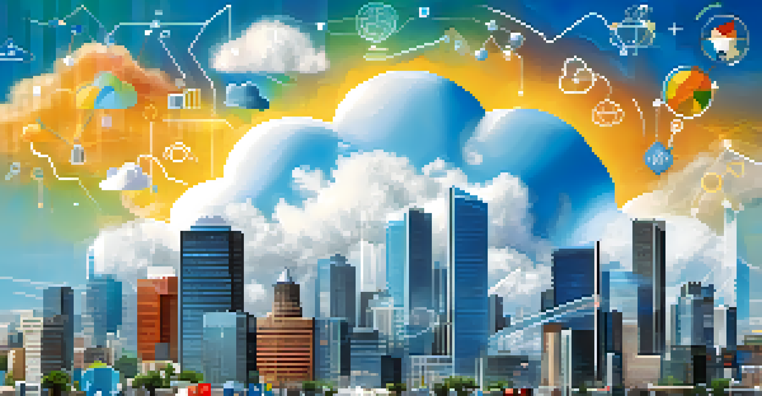 A fluffy white cloud with data analytics icons against a blue sky and a city skyline below, representing cloud-based analytics.