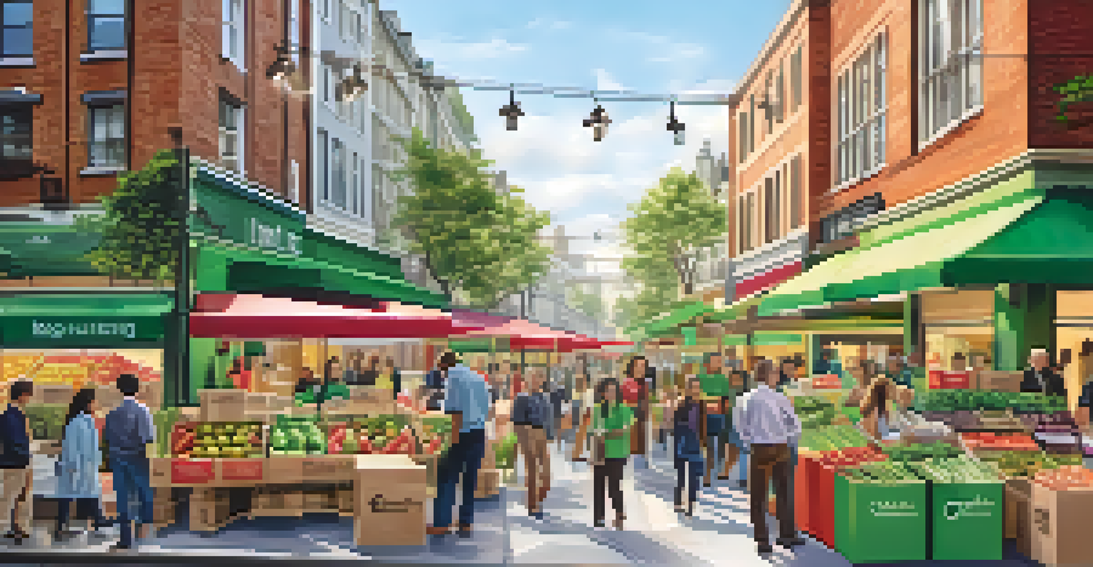 A market scene with eco-friendly packaging and customers engaged in discussions about sustainable products, emphasizing a commitment to sustainability.