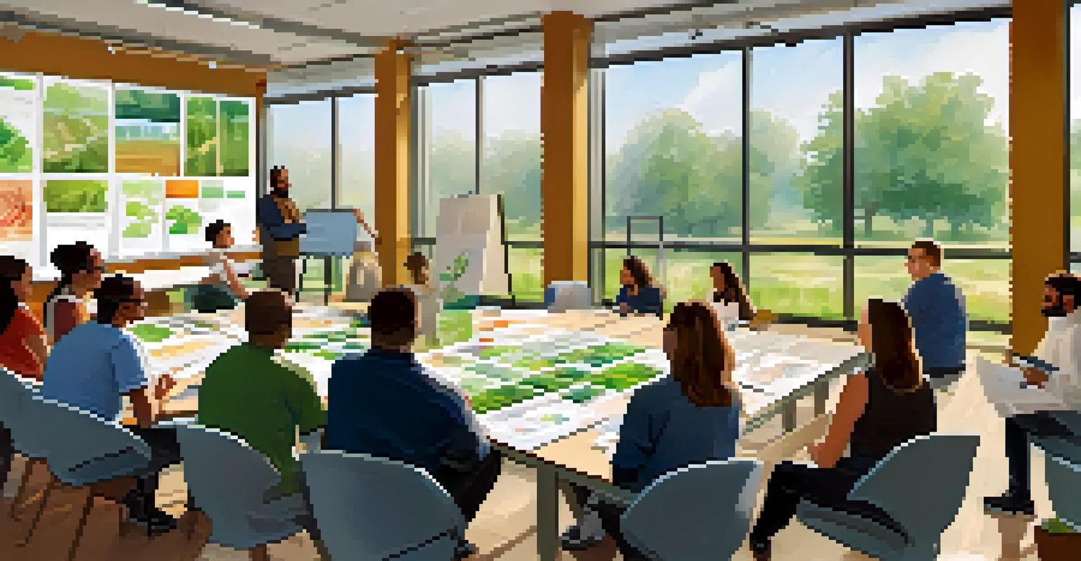 A diverse group of employees in a training workshop focused on sustainability, with visuals on the walls and natural light flooding the room.