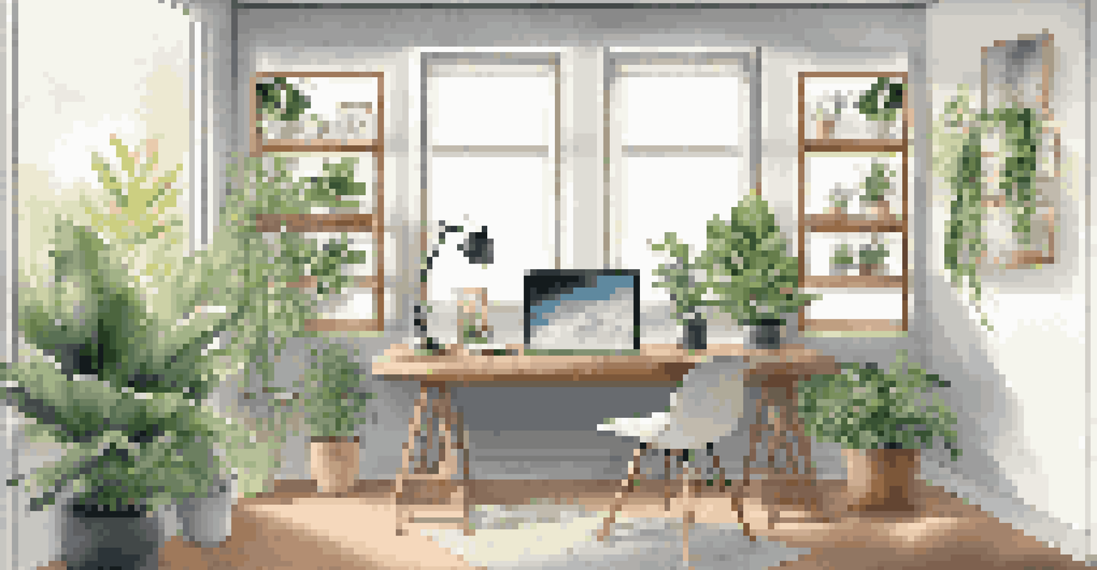 A bright and modern office workspace with a sleek desk, laptop, and plants, illuminated by natural light from a large window.