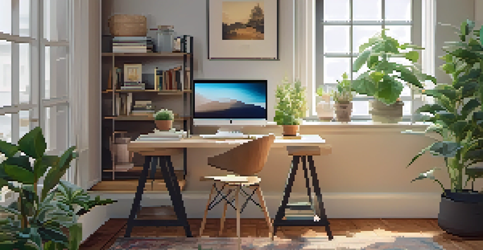 A warm and inviting home office with a desk, laptop, plants, and a coffee cup in natural light.