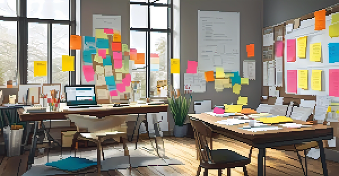 A colorful Business Model Canvas displayed on a whiteboard in a bright office, with sticky notes and a wooden table filled with notebooks and a laptop.