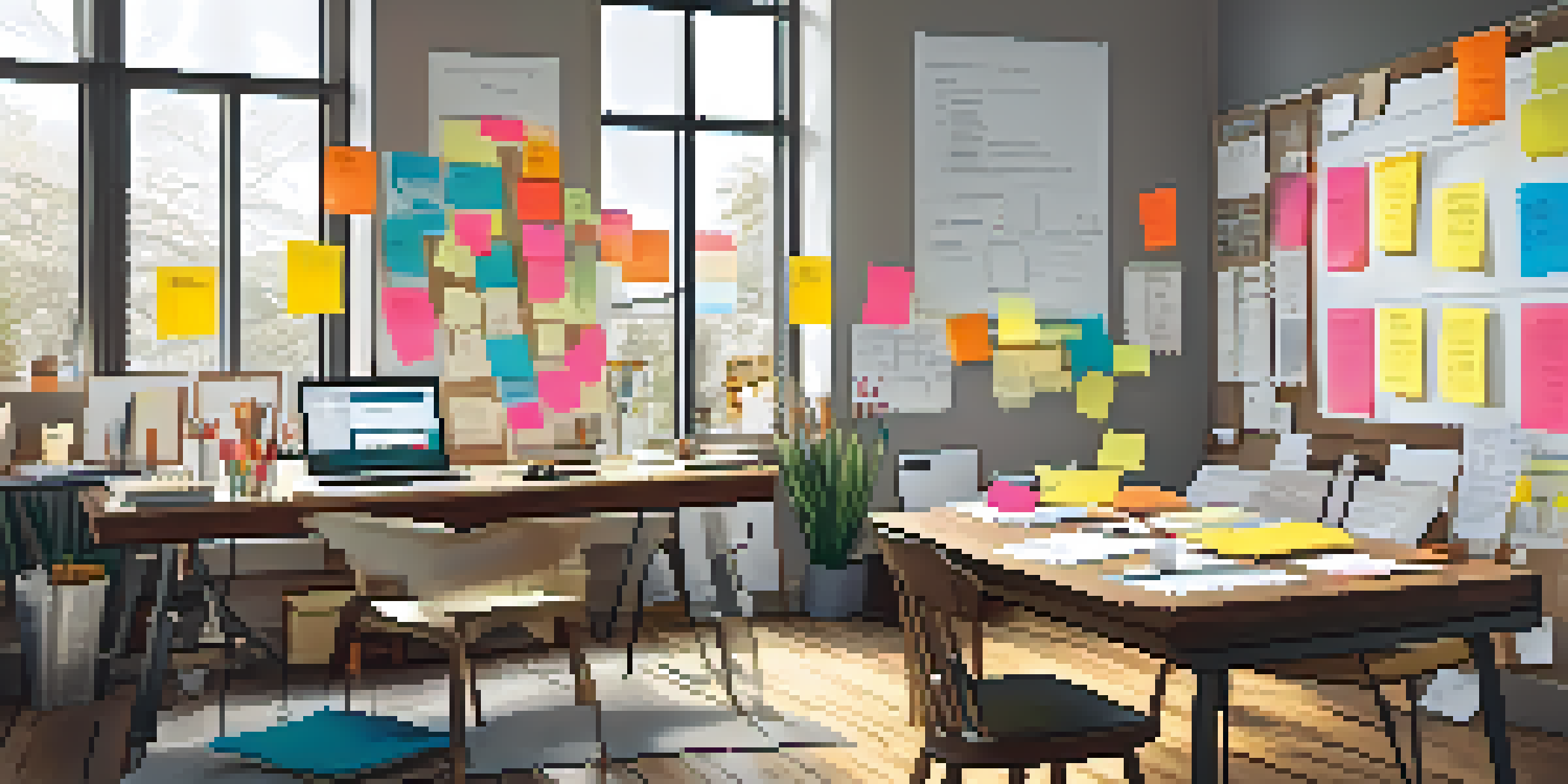 A colorful Business Model Canvas displayed on a whiteboard in a bright office, with sticky notes and a wooden table filled with notebooks and a laptop.