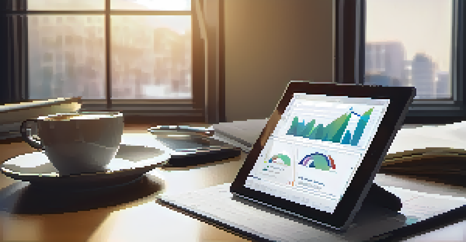 A business professional analyzing financial data on a tablet at a desk with charts displayed, surrounded by an organized workspace.