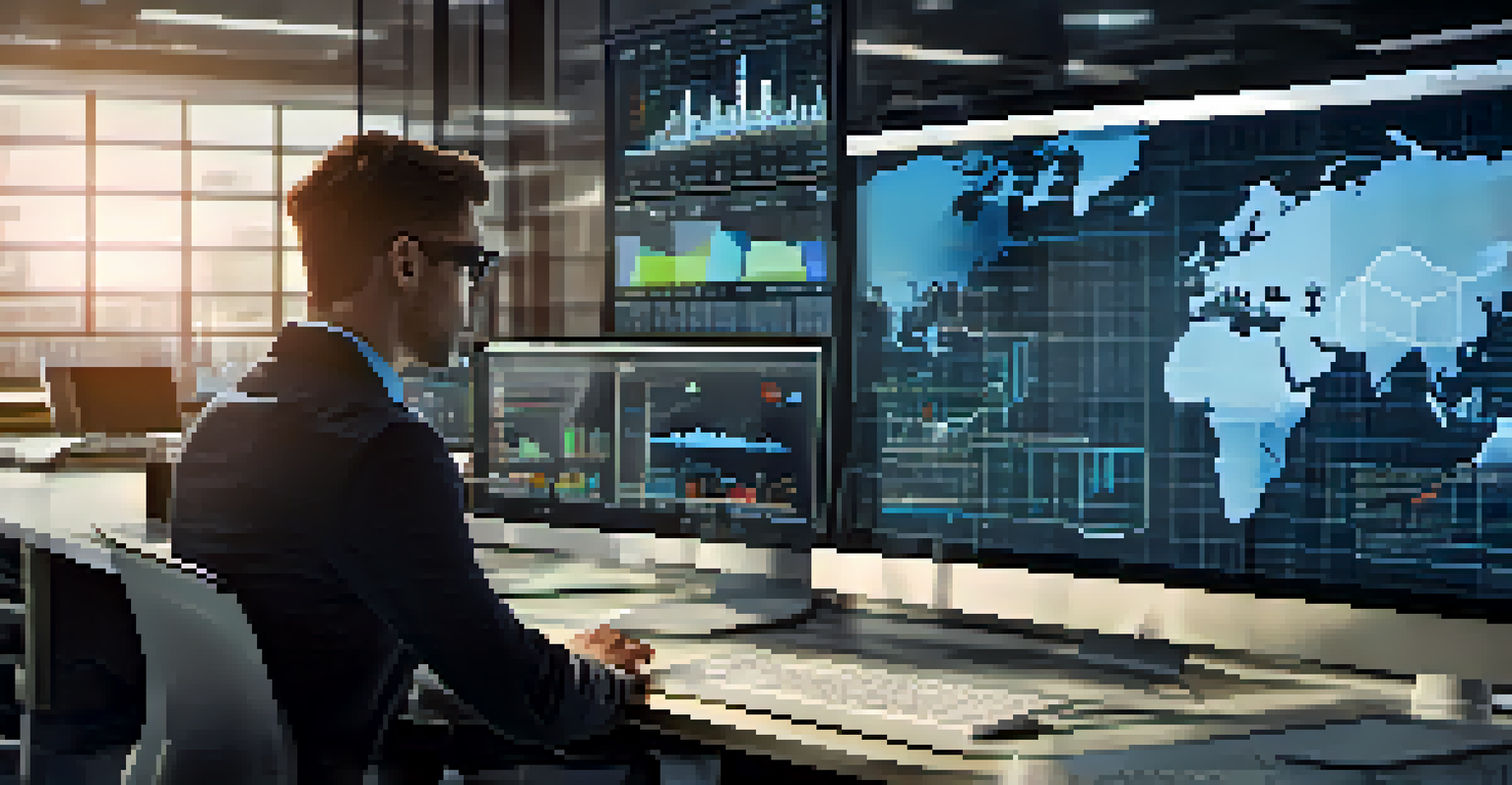 A close-up of a computer screen showing a data management system, with charts and graphs on a blurred background of a modern office.