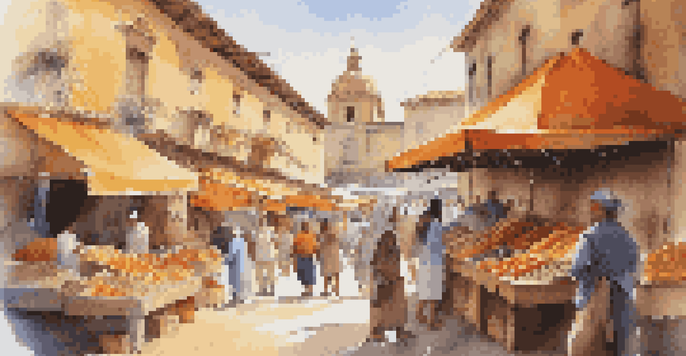 A lively marketplace with diverse vendors and colorful stalls, people interacting under warm sunlight.