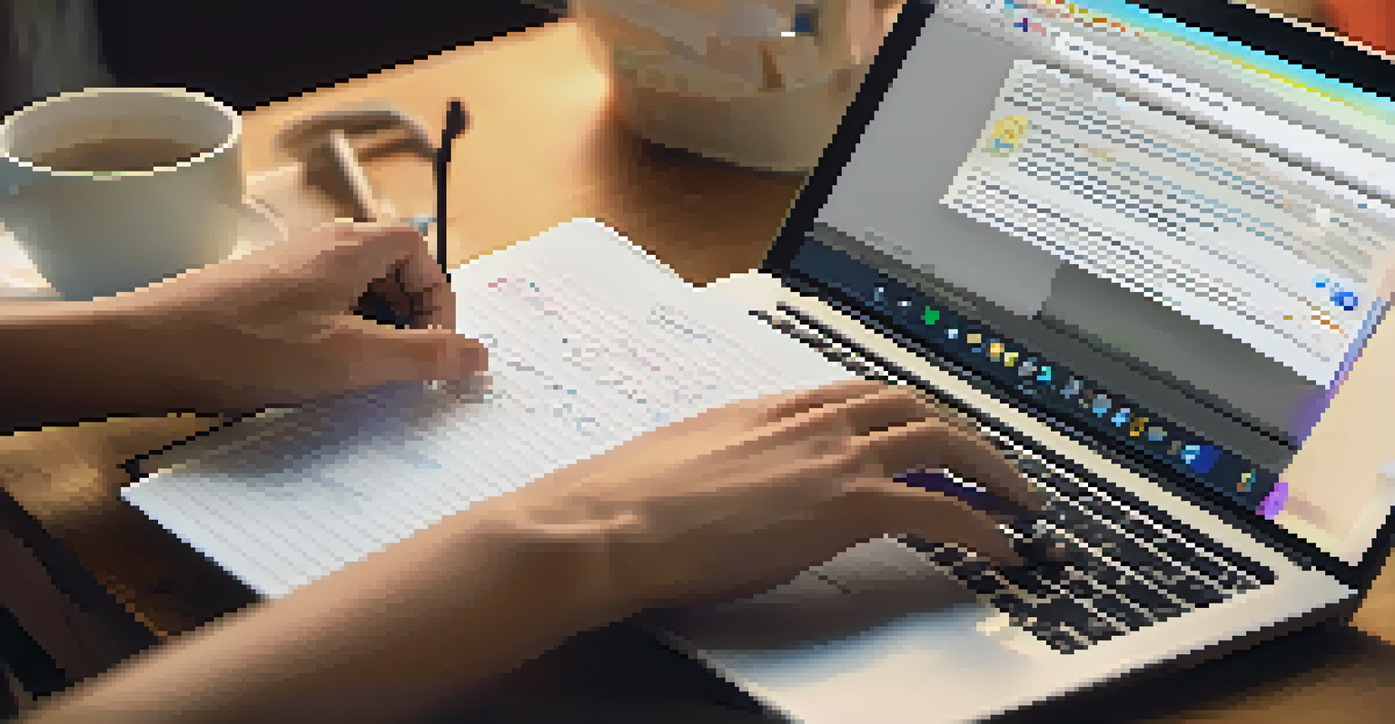 A close-up of hands typing on a laptop, showing a positive review response, with a notebook and pen nearby.