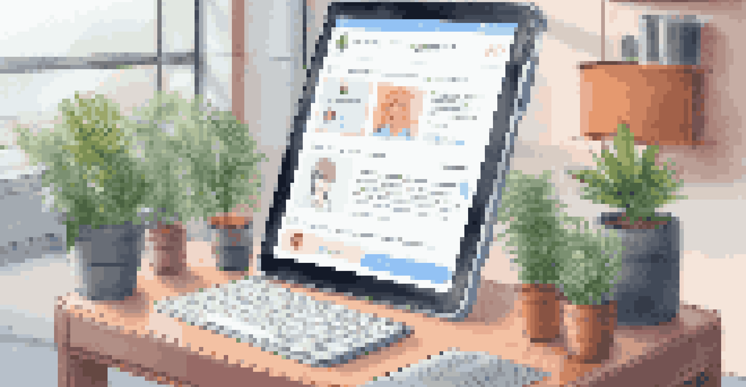 An AI chatbot interface on a tablet in a modern office environment, featuring a friendly chat conversation.