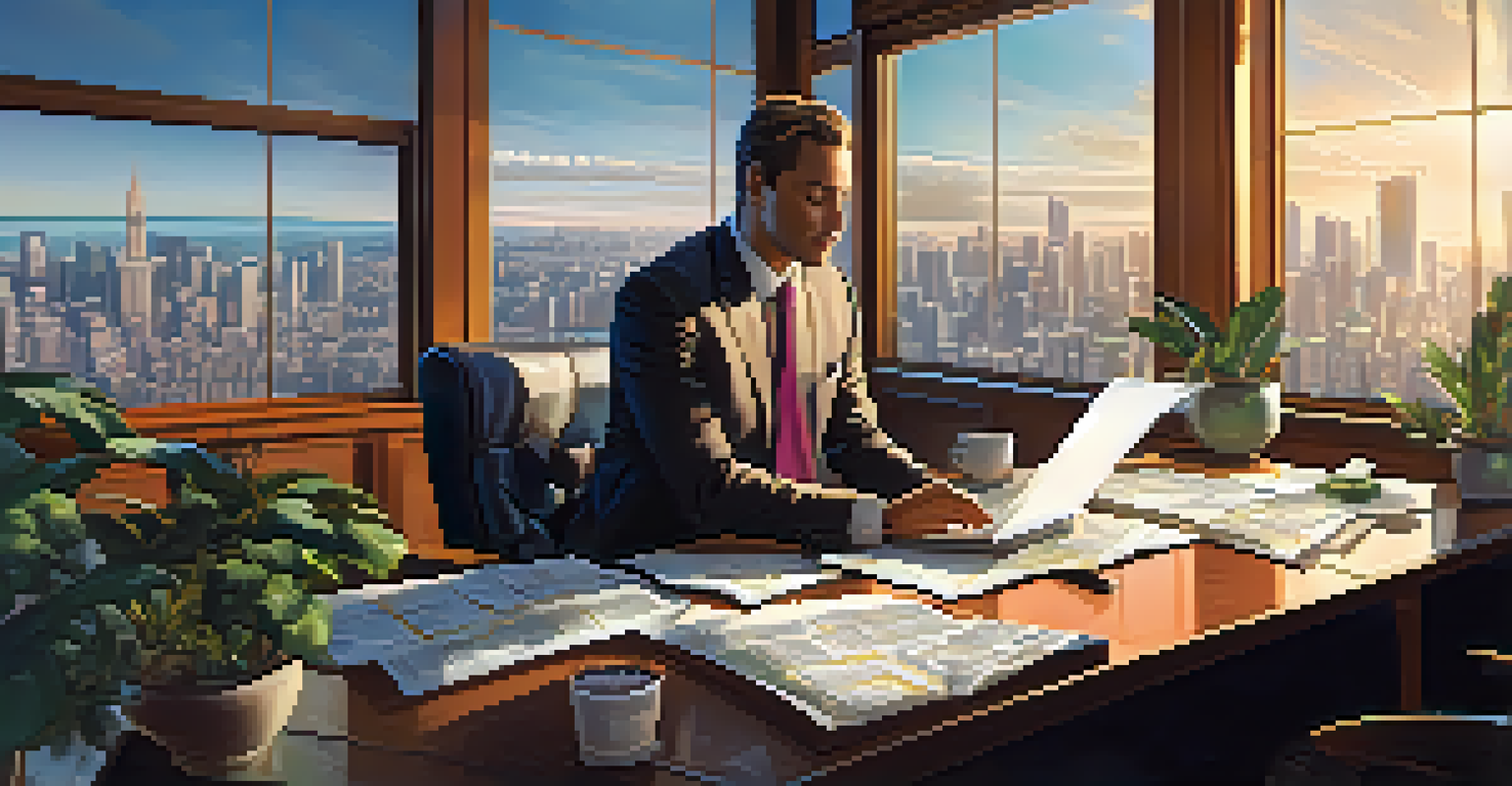 An investor at a desk with reports and a computer screen showing currency graphs, surrounded by plants and a view of a city skyline.