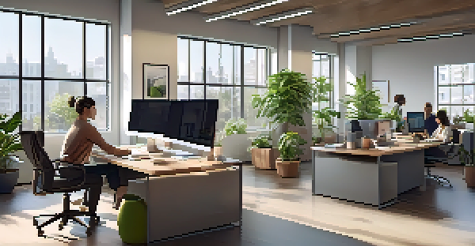 A contemporary office interior with a desk, lounge area, plants, and employees collaborating in small groups.