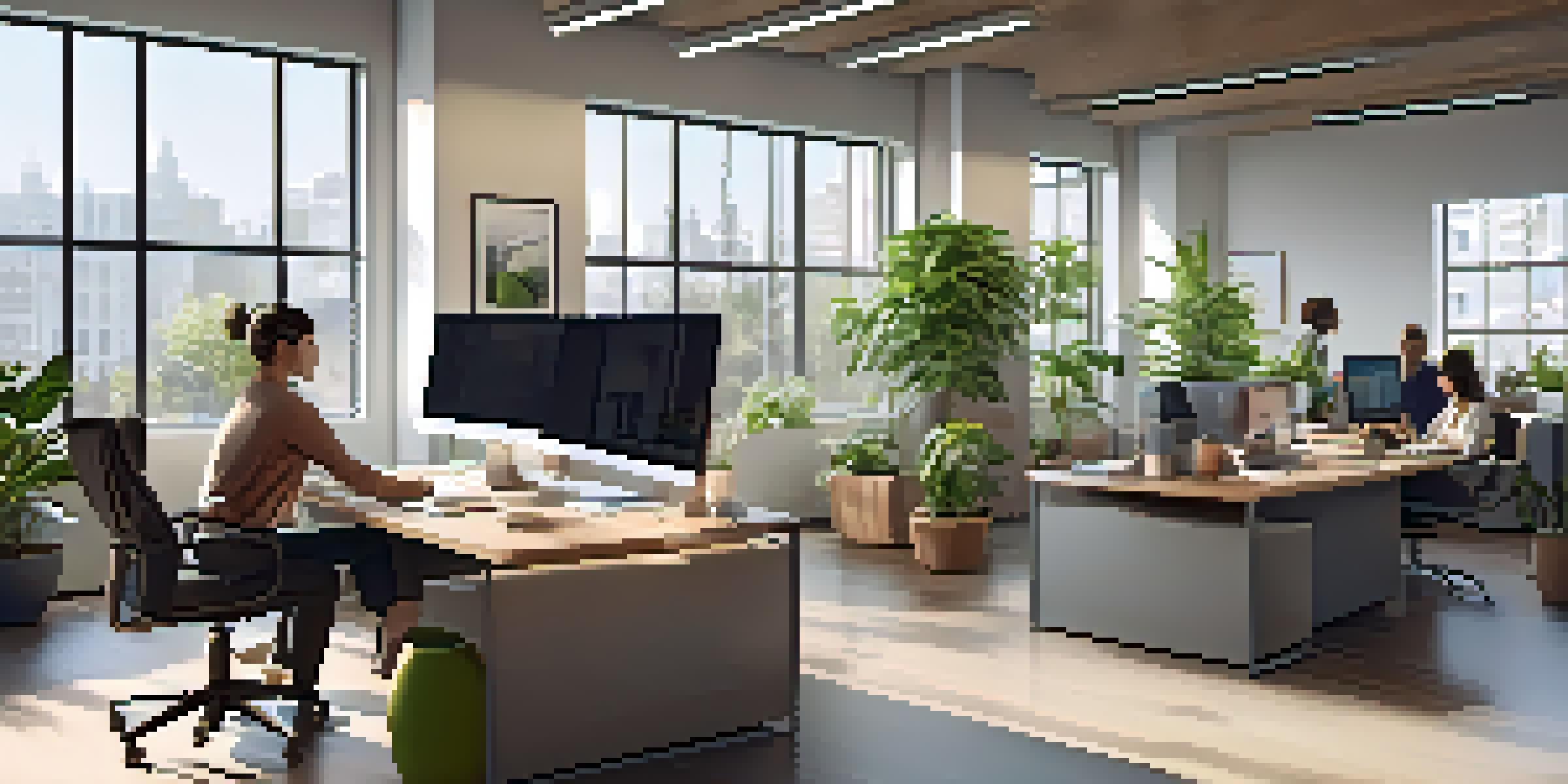 A contemporary office interior with a desk, lounge area, plants, and employees collaborating in small groups.