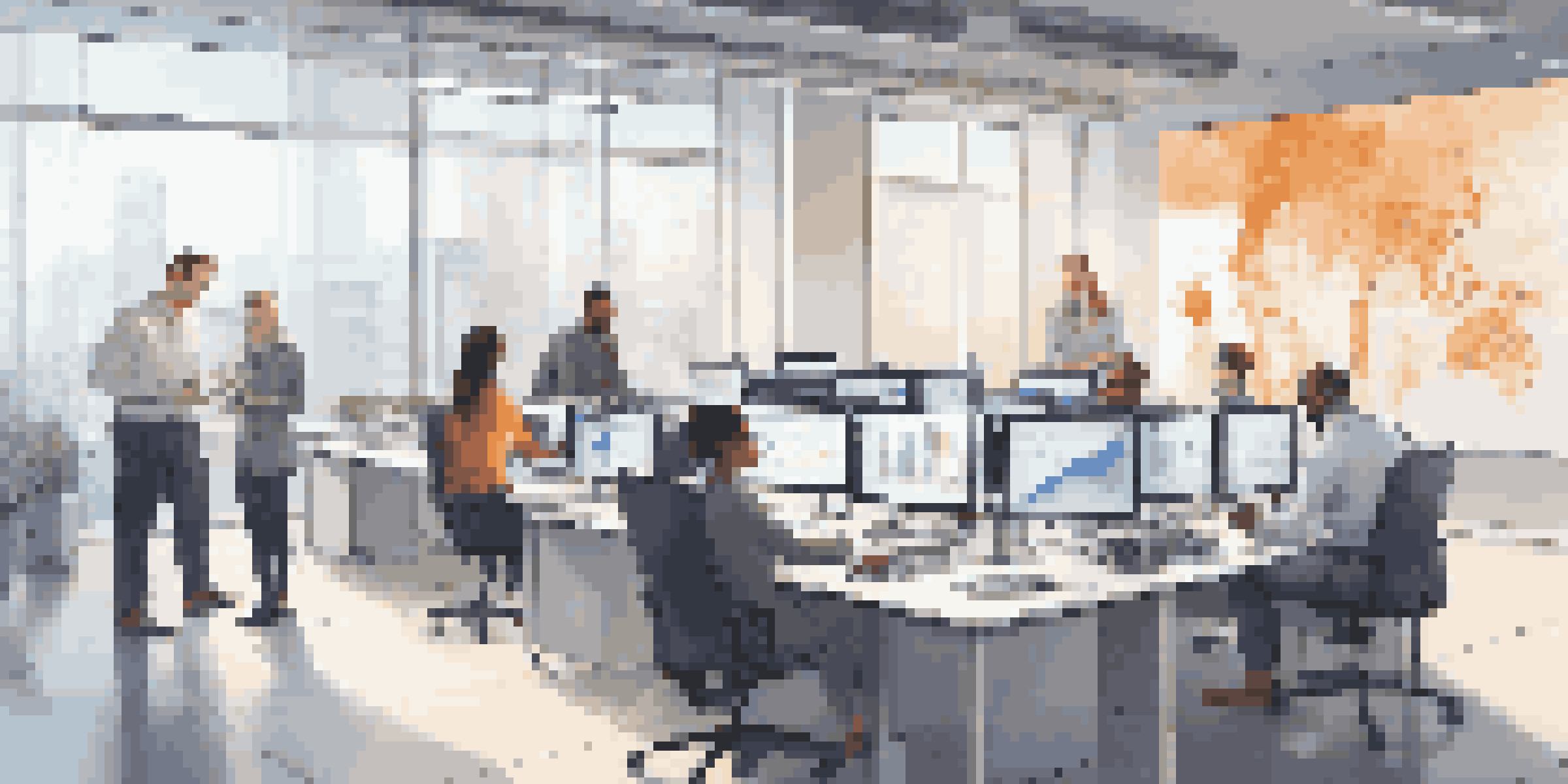 A diverse team of employees working together in a modern office, interacting with a touchscreen display showing data analytics and automation workflows.