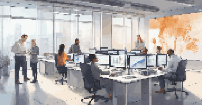 A diverse team of employees working together in a modern office, interacting with a touchscreen display showing data analytics and automation workflows.