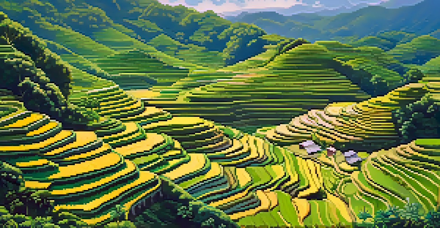 An aerial view of lush green rice terraces in the Philippines with farmers working in the fields.