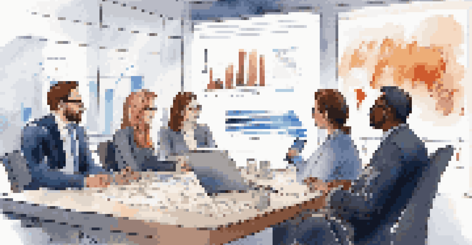 A diverse business team at a conference table discussing financial forecasts with charts on a screen, highlighting collaboration in a modern office.