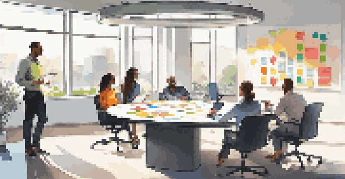 A diverse group of professionals in a modern office brainstorming around a large round table, with a whiteboard filled with colorful charts in the background.