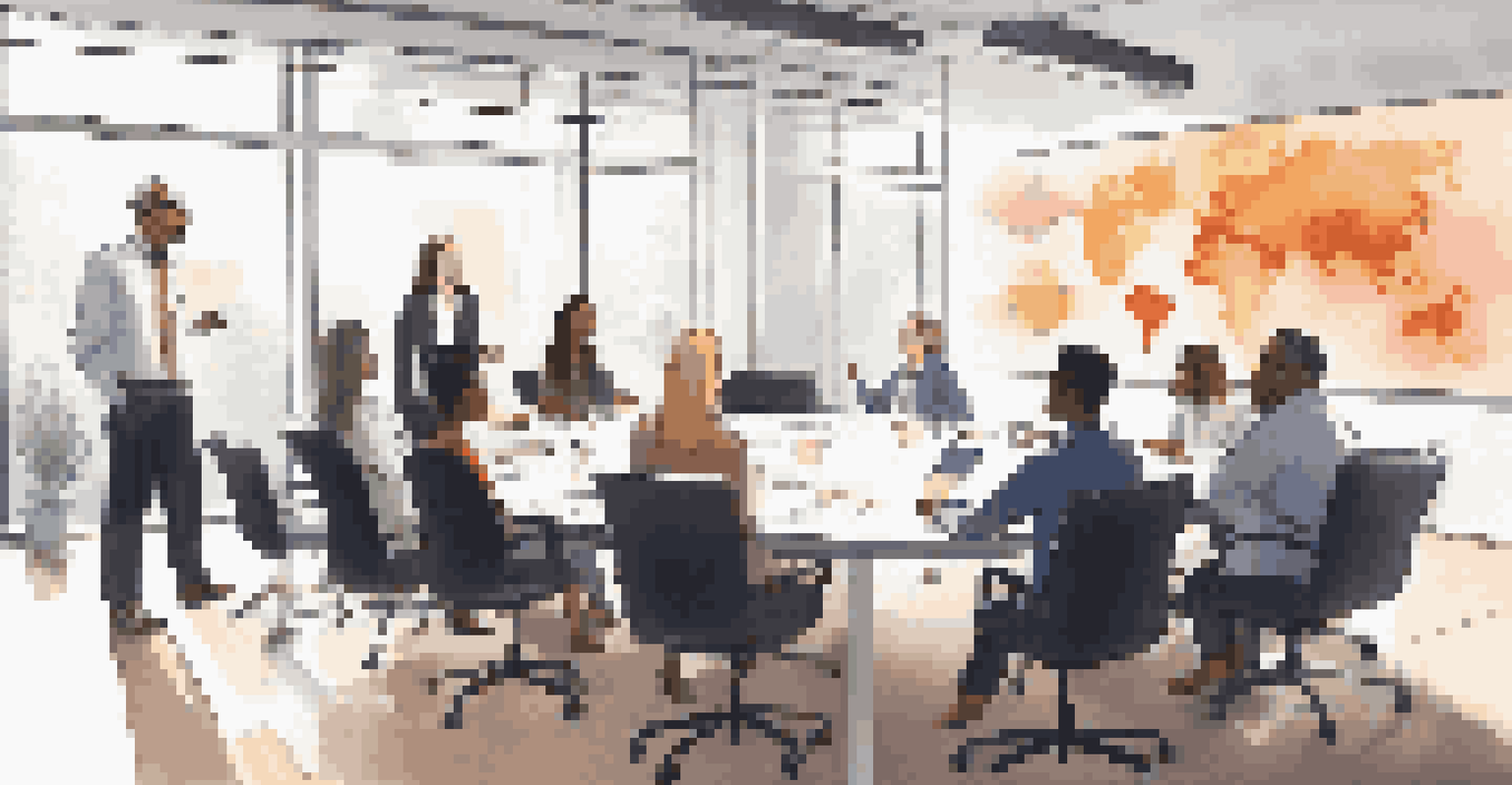 A diverse team in a conference room discussing an IP audit, with charts on a screen and notes on a whiteboard.
