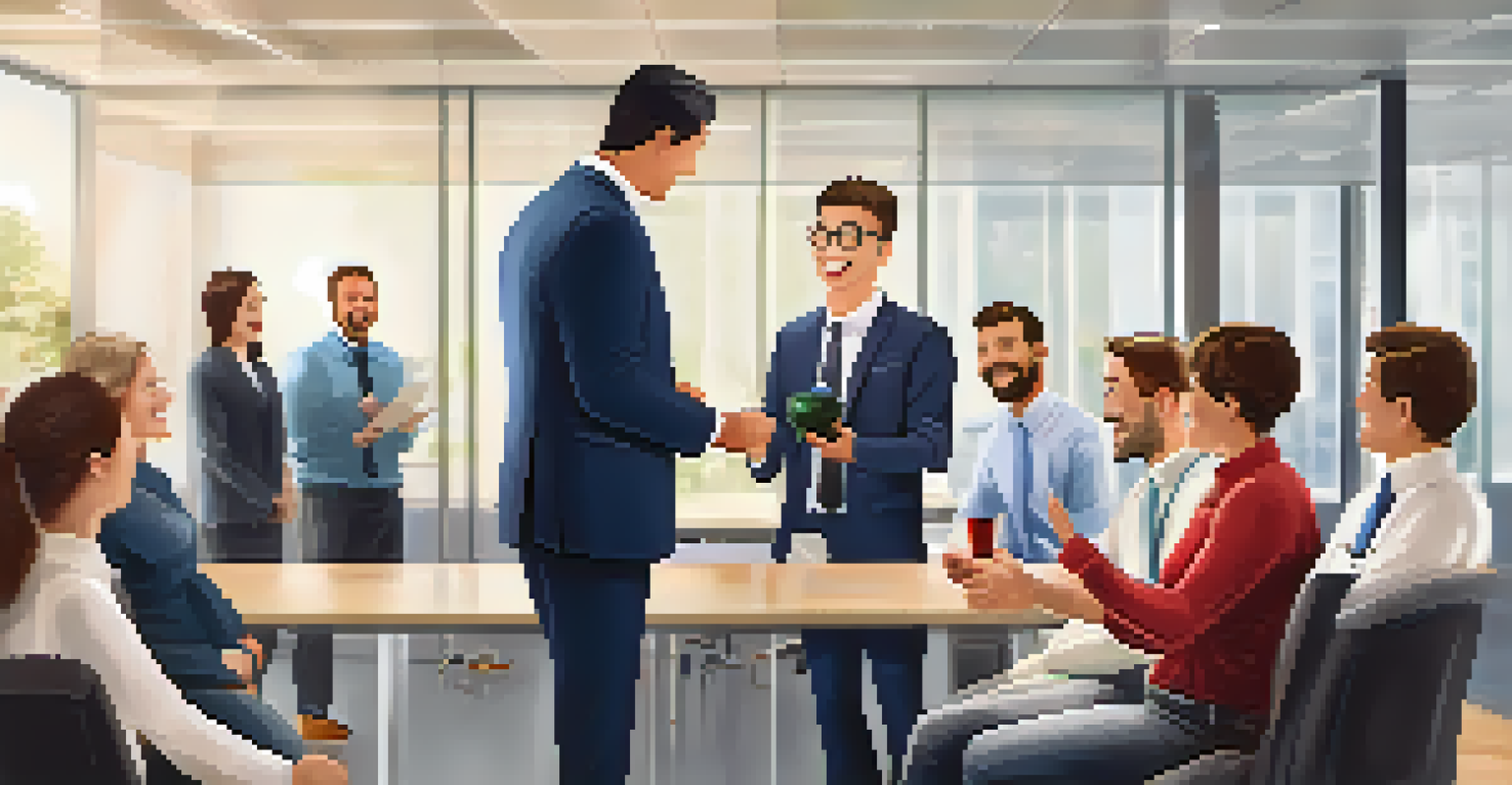 A manager presenting a trophy to a happy employee in a modern office, with other team members cheering in the background.