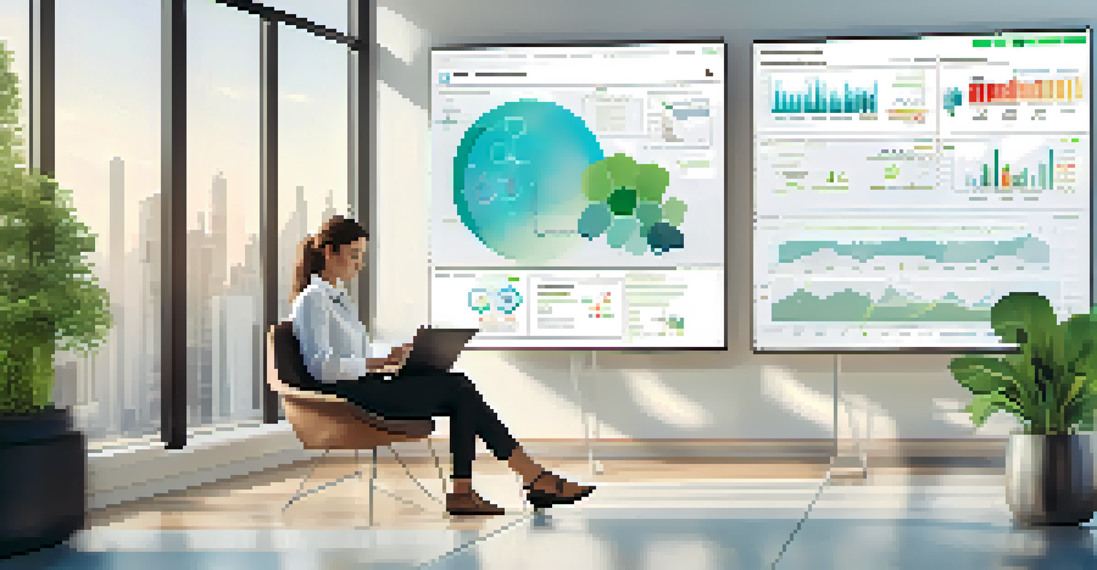 An HR professional using a tablet to analyze data in a modern workspace filled with greenery.