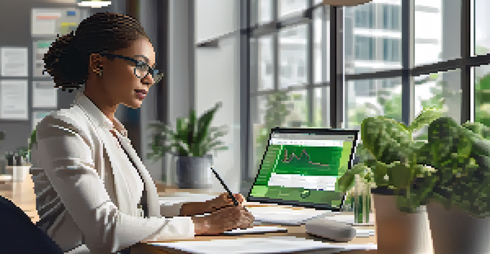 A focused Black woman working at a desk in a modern office, reviewing data privacy policies on her laptop with plants and contemporary decor around her.