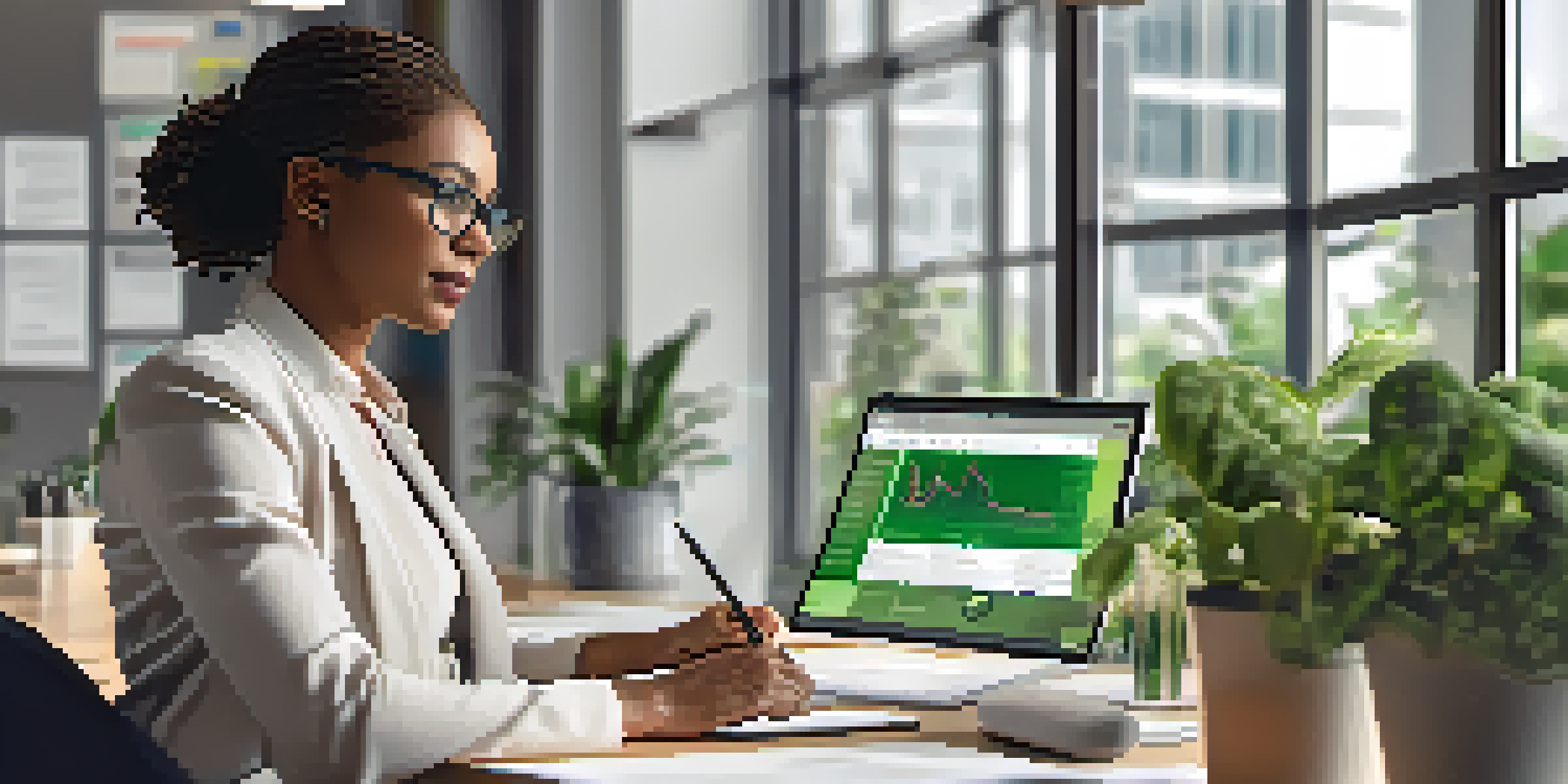 A focused Black woman working at a desk in a modern office, reviewing data privacy policies on her laptop with plants and contemporary decor around her.