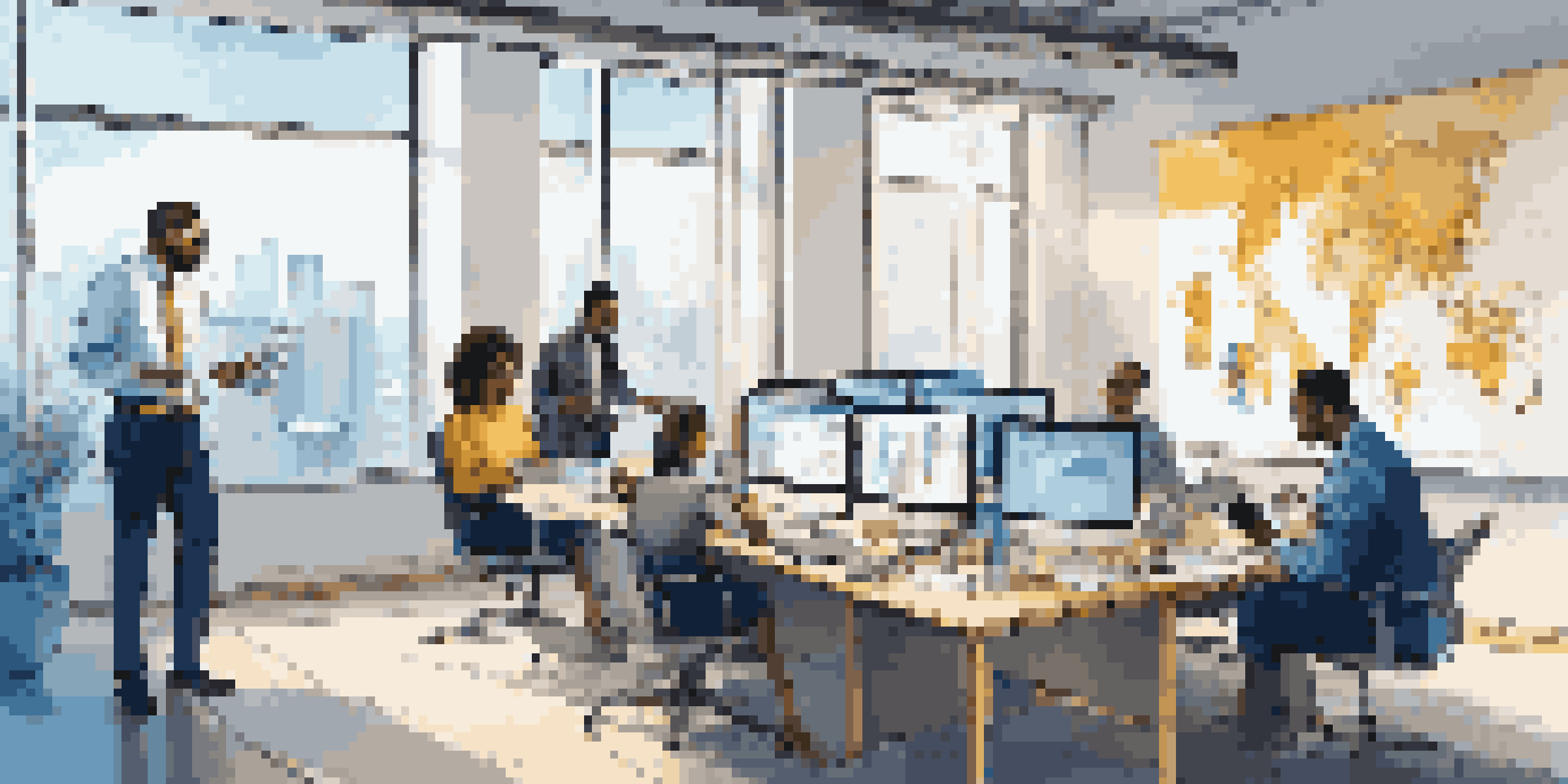 A diverse group of business professionals in a bright modern office brainstorming together with laptops and charts.