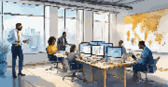 A diverse group of business professionals in a bright modern office brainstorming together with laptops and charts.