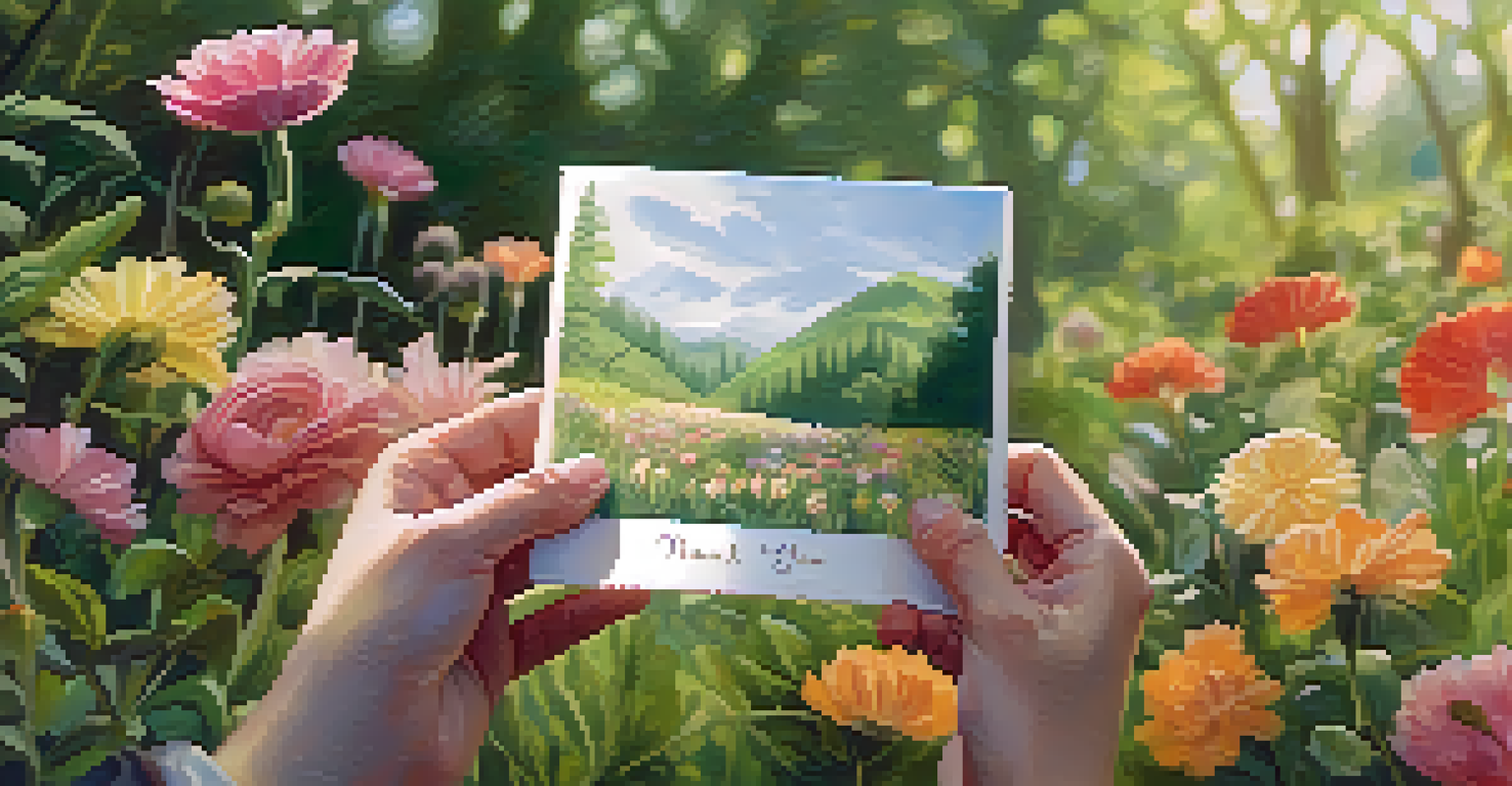 Close-up of hands holding a 'Thank You' card in a lush green setting, symbolizing appreciation for sustainability contributions.