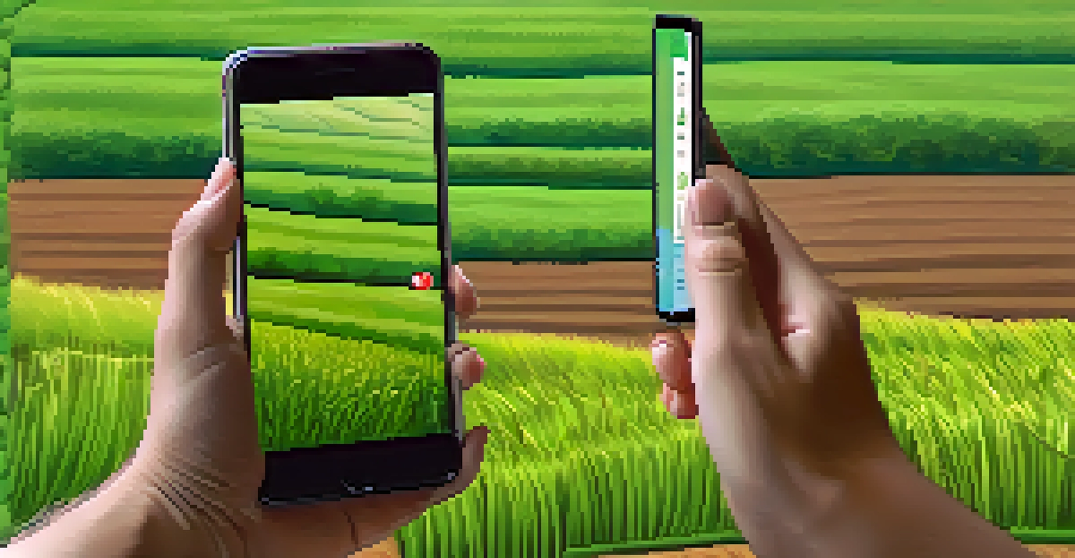 A farmer using a mobile banking app on a smartphone in a green field, symbolizing the integration of technology in agriculture.