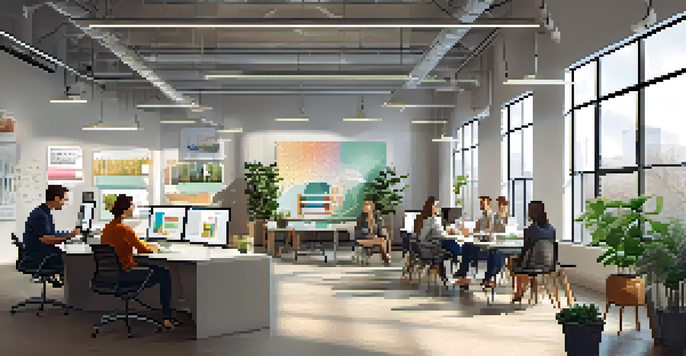 A bright and inviting modern office space with team members brainstorming around a large table, colorful wall art, and plants.