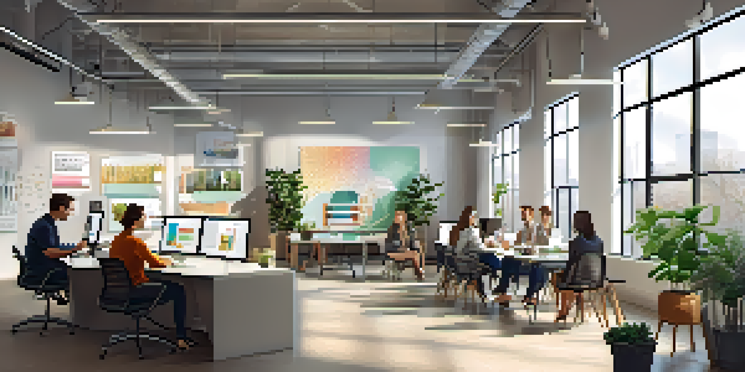 A bright and inviting modern office space with team members brainstorming around a large table, colorful wall art, and plants.