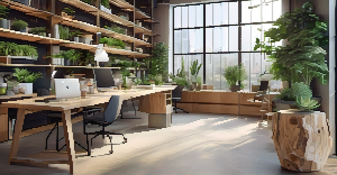 A modern office space designed around the principles of circular economy, featuring recycled materials, modular furniture, and plants, with natural light streaming in.