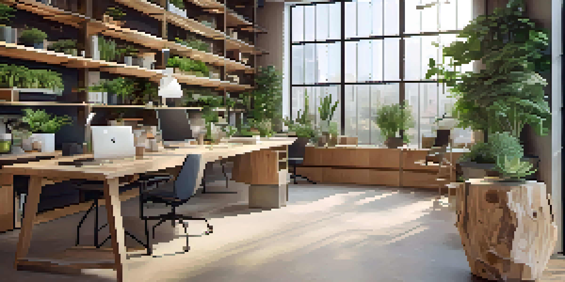 A modern office space designed around the principles of circular economy, featuring recycled materials, modular furniture, and plants, with natural light streaming in.