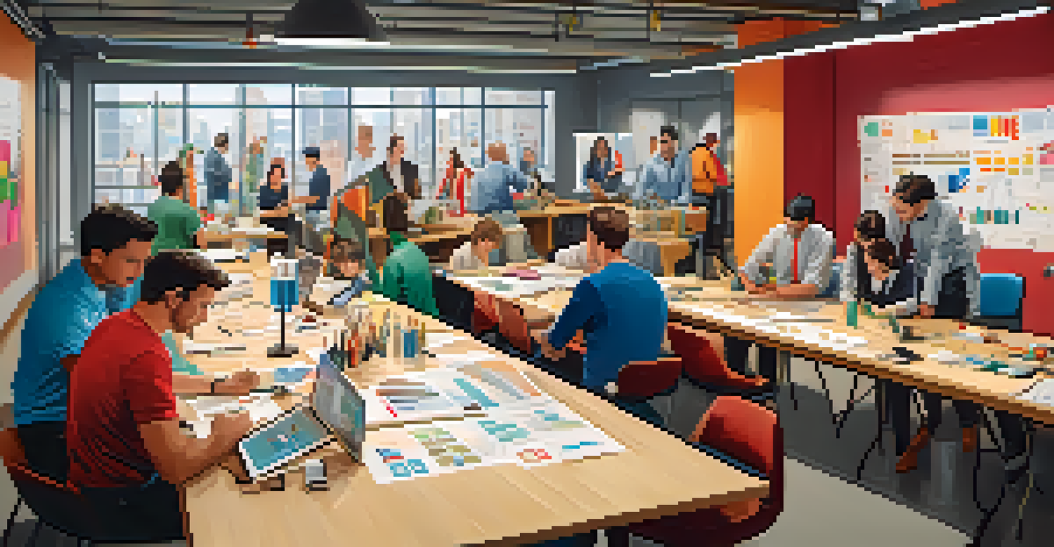 A diverse group of individuals collaborating in a workshop, surrounded by charts and creative materials.