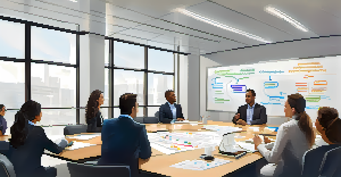 A group of diverse employees in a bright office engaged in a training session on business continuity planning, with a whiteboard displaying charts.