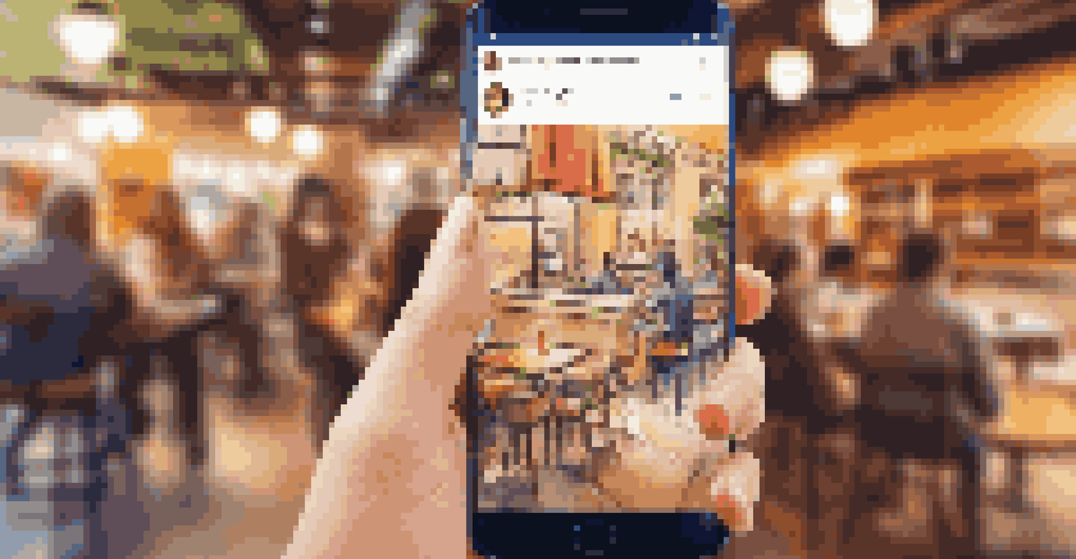 A close-up of a hand holding a smartphone in a café, displaying social media content.