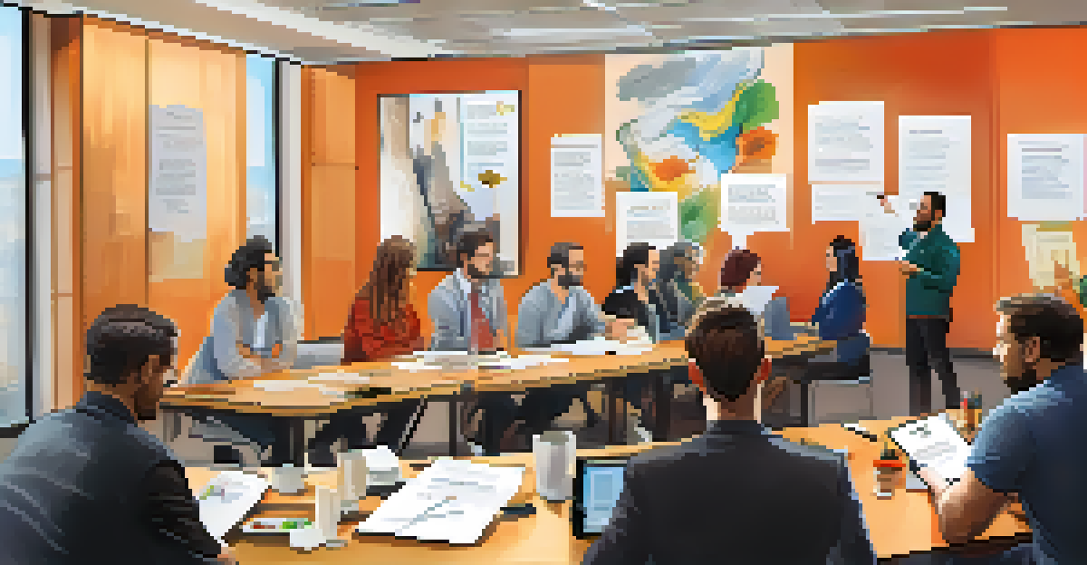 Participants engaged in a role-playing workshop in a bright conference room, acting out customer scenarios with props and flip charts.