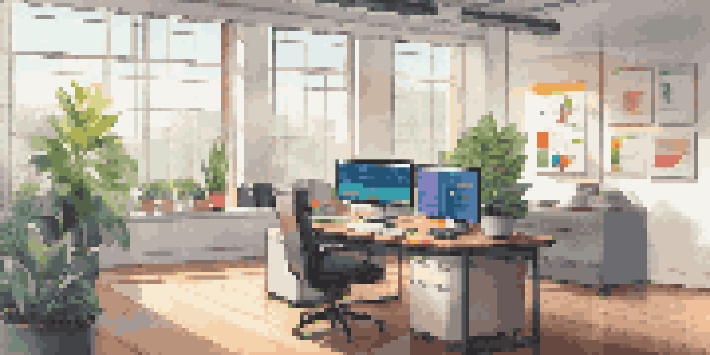 A modern office workspace with a computer displaying risk management software, colorful charts, a potted plant, and a coffee cup.