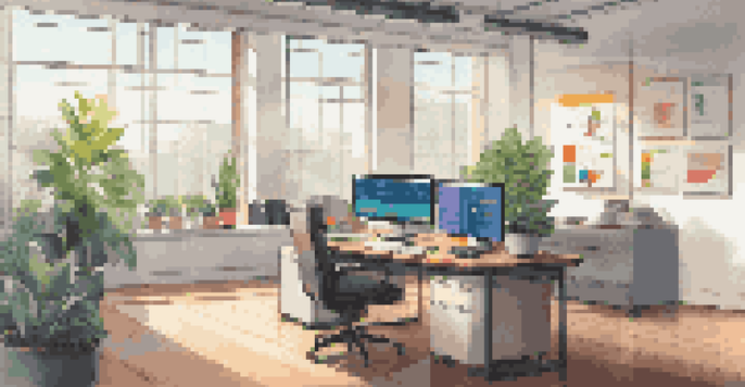 A modern office workspace with a computer displaying risk management software, colorful charts, a potted plant, and a coffee cup.