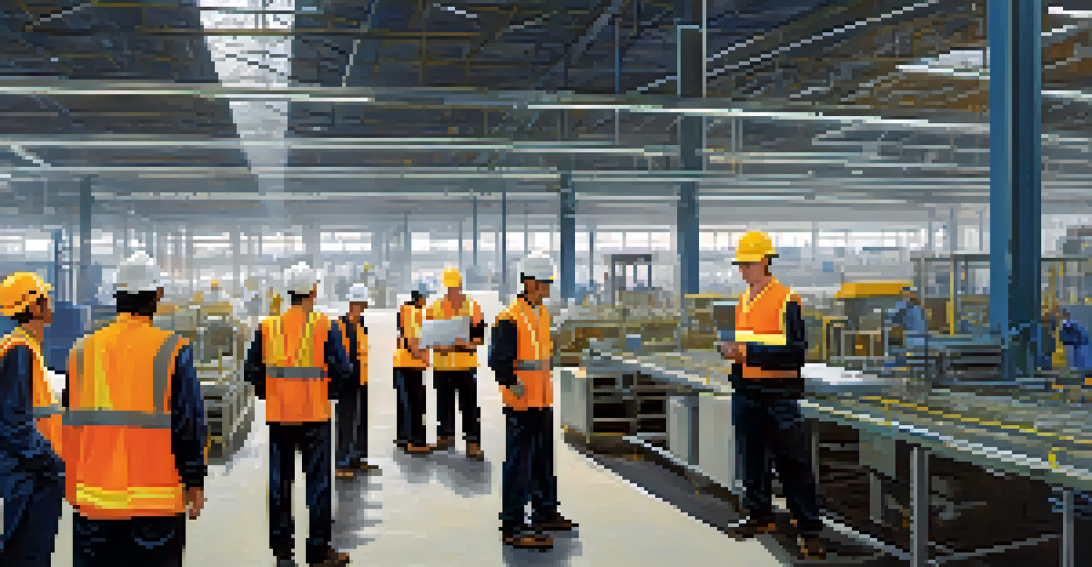 A business owner visiting a manufacturing facility, interacting with workers in a clean environment, emphasizing ethical practices.