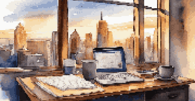 A modern office desk with a laptop, legal documents, and a coffee cup, illuminated by soft light with a city skyline in the background.