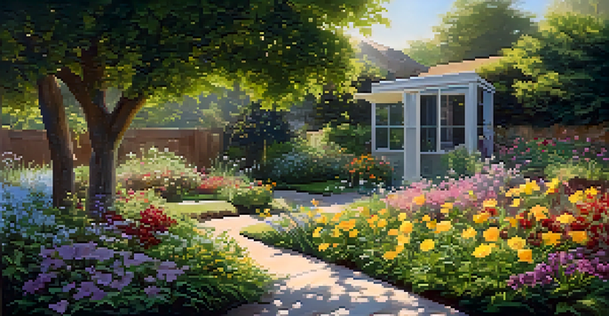 A tranquil garden scene showcasing vibrant blooming flowers and small weeds, with sunlight filtering through the leaves.