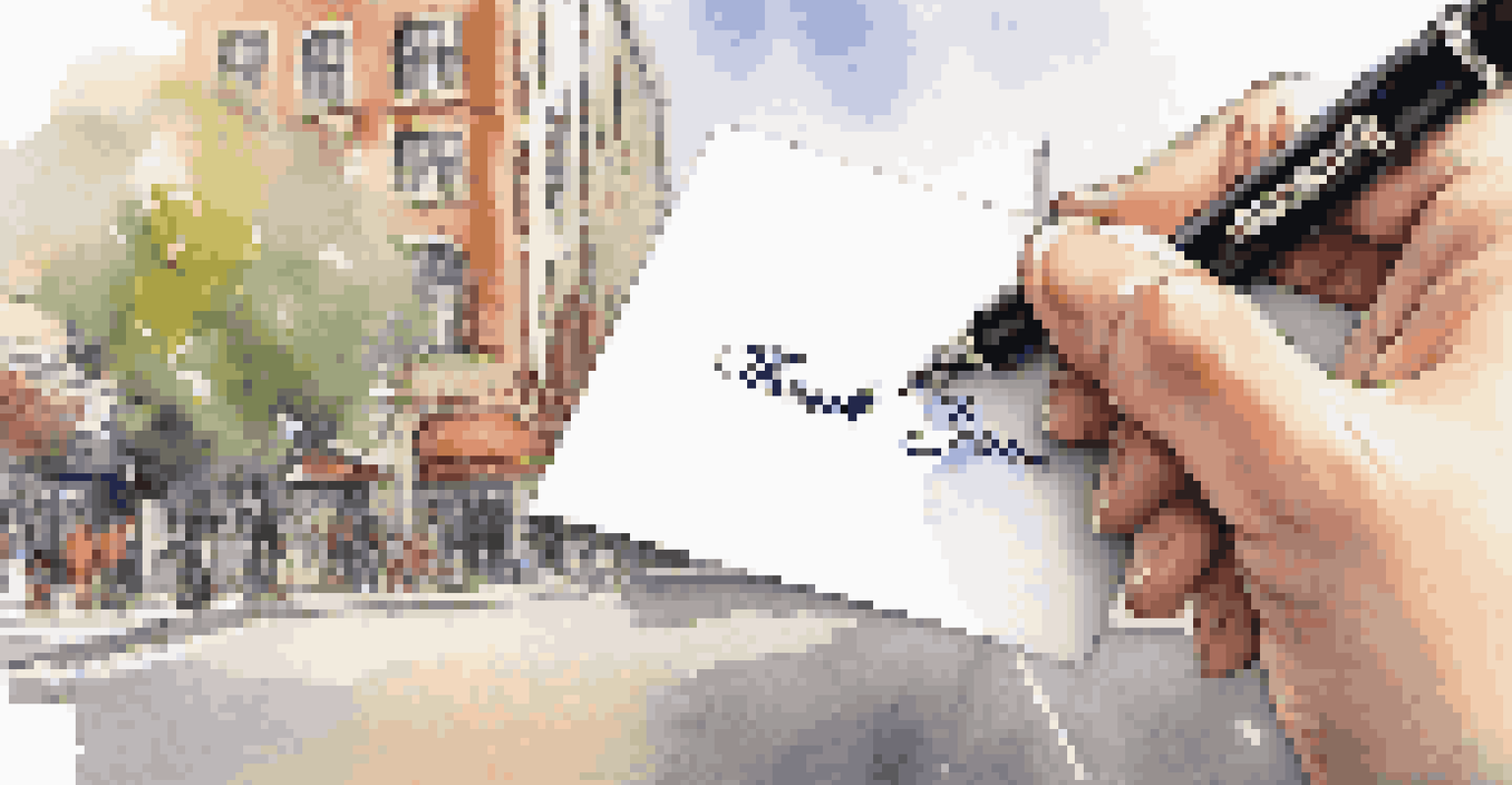 A hand writing a thank-you note with a blurred city background, showcasing a networking theme.