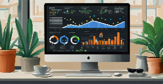 A computer screen showing an SEO analytics dashboard with colorful graphs and charts in a bright workspace.